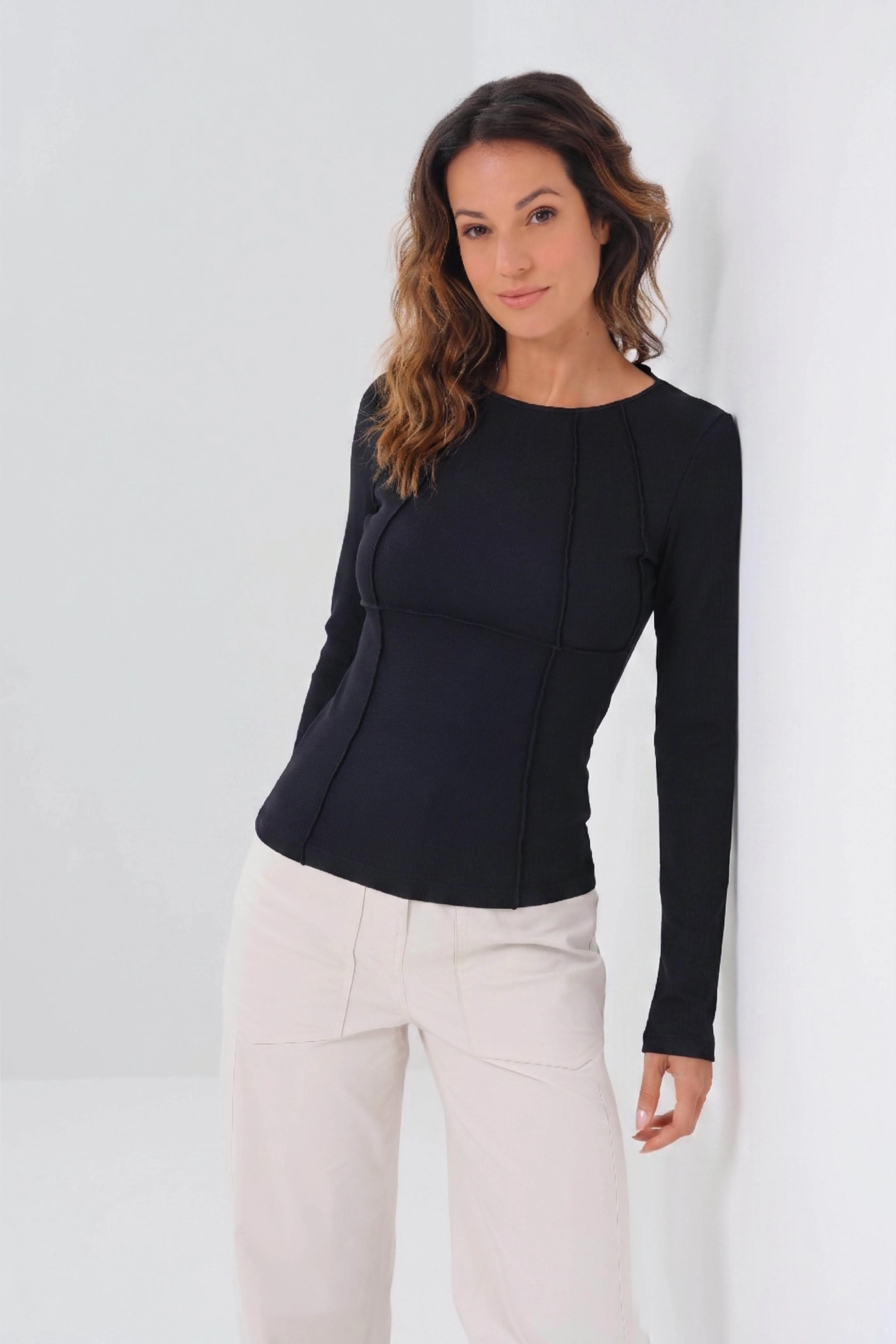 Long Sleeve Celeste Rib Top with Seam Shaping - Image 3