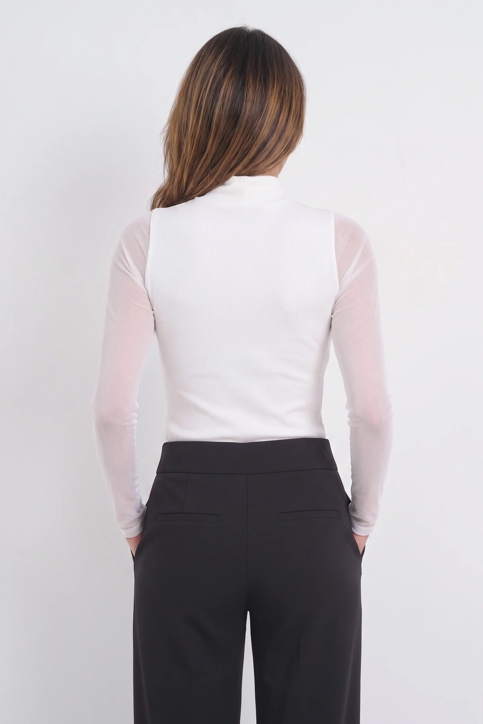 Luna Long Sleeve Mixed Media Turtleneck with Transparent Sleeve - Image 2
